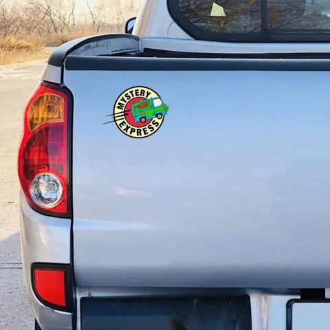 Mystery Machine Graffiti Design Car Decals Set For Cars Vans Bumpers Luggage Motorcycles And Auto Bodies Weatherproof Vinyl Stickers With Waterproof UV Resistant Finish And Easy Peel And Stick Application installed on a truck's rear.