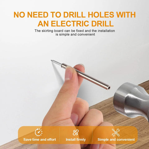 Close-up of a hand holding a skirting nail for easy installation, highlighting "No Need to Drill Holes," part of 400pcs Double Head Skirting Nails with 4 Tools.