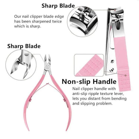 Close-up of nail clippers and cuticle trimmer highlighting sharp blades in a Nail Clippers Set And Manicure Kit With Glass Nail File Cuticle Trimmer Travel 5 Piece Grooming Kit