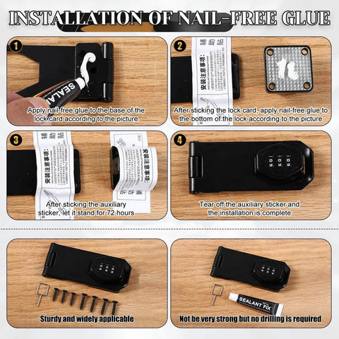 Installation steps for Three Pack 4 Inch Password Rotary Hasp Locks For Doors Cabinets Barn Doors And Outdoor Use Mechanical Combination Slide Latch Lock Sturdy Zinc Alloy Construction With Screw Or Glue Mount