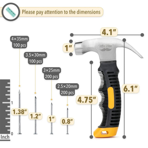Bulk picture hanging kit with 600 galvanized nails in four sizes plus an 8 ounce hammer, displaying nail dimensions and hammer size.