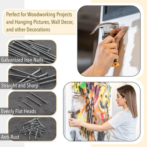 Bulk picture hanging kit with 600 galvanized nails in four sizes plus an 8 ounce hammer in use for DIY wall decor and projects.