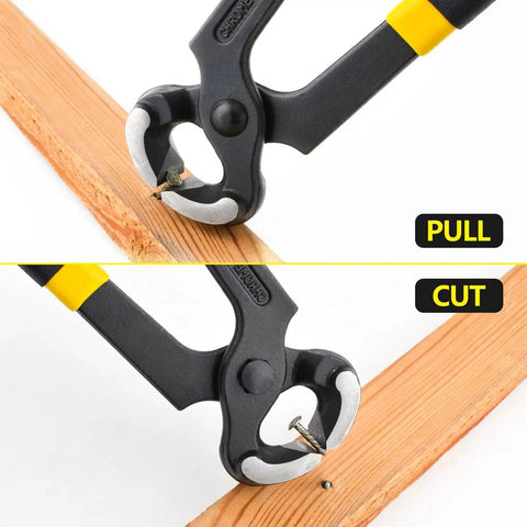 8 Inch Nail Puller And Pliers For Carpentry And DIY Tasks With 24 Millimeter Jaw Clearance And Sharp Knife And Anvil Edges demonstrated pulling and cutting nails on wood.