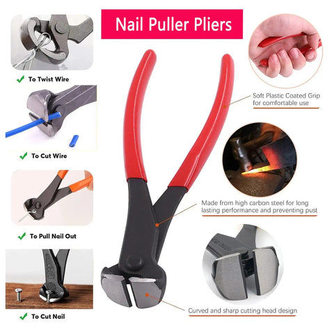 Nail puller pliers with red handles from 4-Piece Upholstery Staple Remover Tool Set With End-Cutting Pliers, Nail Remover, V-Nail Puller And U-Nail Puller, A 4-In-1 Fastener Remover For Furniture, Floors, Walls, Cars, Frames, And DIY Decor Projects.