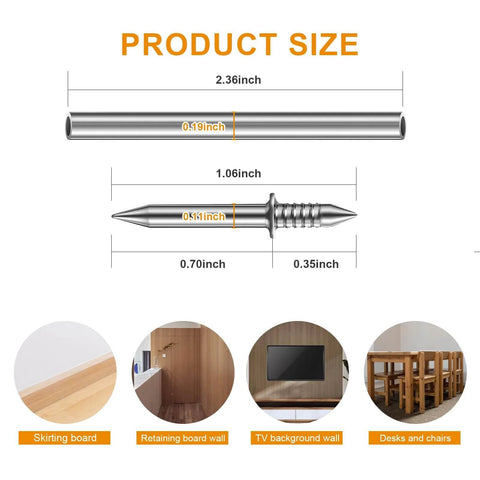 Product size diagram of 400pcs Double Head Skirting Nails with 4 Tools, showing dimensions for seamless baseboard installation on solid wood.