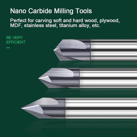 Close-up of Carbide V Groove Router Bit 60 Degree Chamfer End Mill with One Eighth Inch Shank, 3 Flutes CNC Milling Cutter