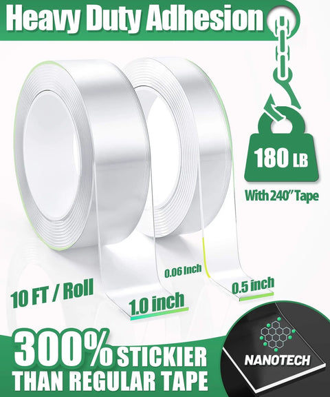 Go-To Heavy Duty Double Sided Tape 240 Inch Pack With Nano Mounting Adhesive, featuring 1 inch and 0.5 inch widths, supports 180 lb.
