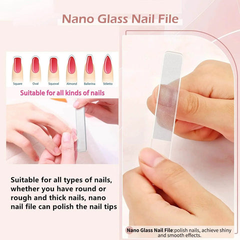 Close-up of hands using nano glass nail file from Nail Clippers Set And Manicure Kit With Glass Nail File Cuticle Trimmer Travel 5 Piece Grooming Kit.