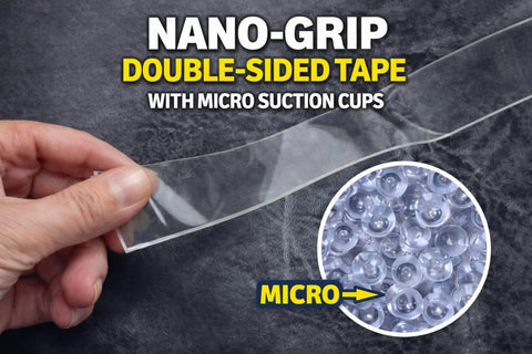 5 Pack Double Sided Nano Grip Go-To Mounting Tape With 50 Feet Total, 10 Foot Clear Rolls, held by hand, showing micro suction cups.