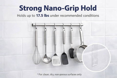5 Pack Double Sided Nano Grip Go-To Mounting Tape With 50 Feet Total, holding kitchen utensils on white tiles.