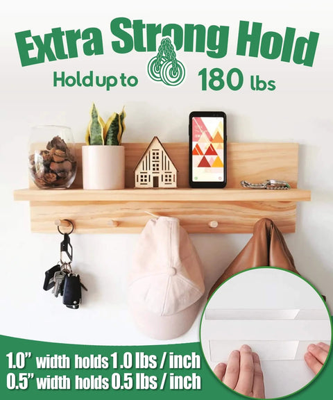 Shelf with Go-To Heavy Duty Double Sided Tape 240 Inch Pack With Nano Mounting Adhesive supporting decor and a hat