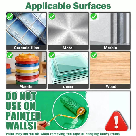 Applicable surfaces for Three Rolls Heavy Duty Double Sided Tape Set With Nano Adhesive shown: ceramic, metal, marble, plastic, glass, wood.