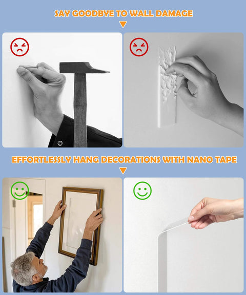 Comparison of wall damage from nails versus using Heavy Duty Double Sided Nano Tape Removable Mounting Tape 1 Inch Wide Clear Adhesive Strips For Home Office Car Outdoor Use 10 Feet Long Stick Anywhere Ultra Strong No Residue Reusable Holds Light To Moderate Items