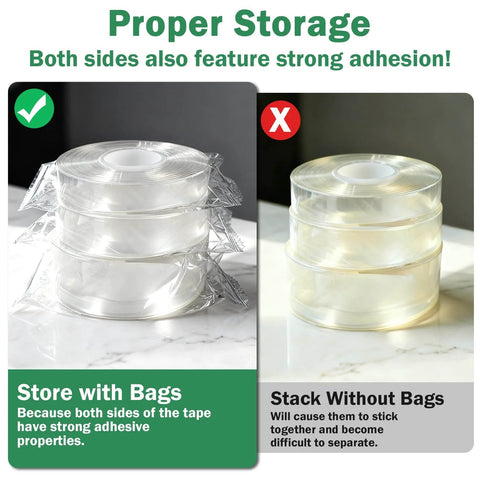 Comparison of Three Rolls Heavy Duty Double Sided Tape Set With Nano Adhesive, stored with and without bags on a table.