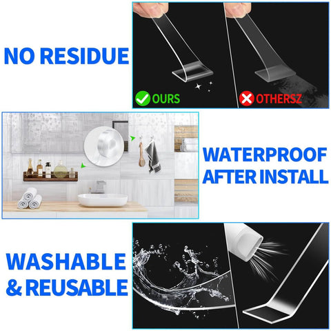 Heavy Duty Double Sided Tape 2 Roll Pack, Total 20 Feet, Removable Nano Tape For Walls, Carpets, Posters And Pictures, Outdoor Friendly
