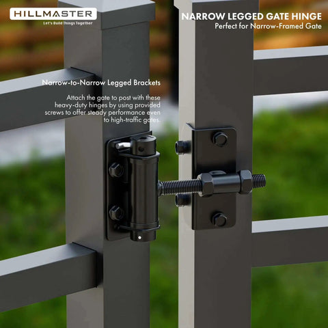 Close-up of Built Tough Self Closing Gate Hinges For Metal Vinyl PVC Wood Fence With Adjustable Tension And 90 Degree Swing Gate Closer Hinges Gate Hardware Kit 2 Pack In Black Finish, installed on a narrow gate frame.