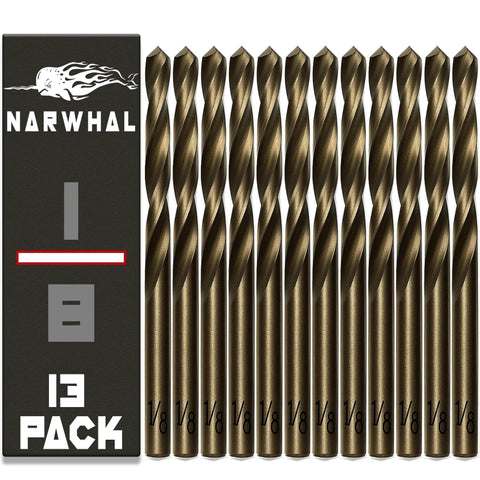 1/8 Inch Cobalt Drill Bits 13 Pack M35 Industrial Grade 2.55 Inch Length 135 Degree Split Point, Narwhal branding