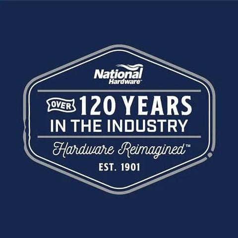 Logo of National Hardware celebrating over 120 years in the industry with text 'Hardware Reimagined' on a blue background.