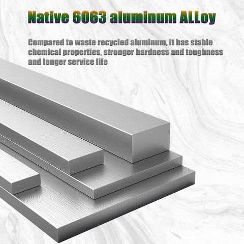 6063 aluminum alloy bars displayed on textured background with text highlighting their strength and durability