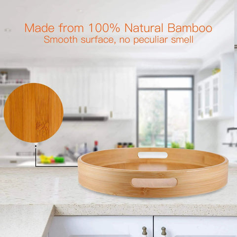 Lazy Susan Organizer 14 inch, Bamboo Lazy Susan for Table on kitchen countertop, showcasing smooth bamboo surface and handles.