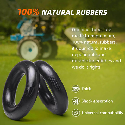 4.80/4.00-8 Heavy Duty Inner Tubes 2 Pack with TR-13 Straight Valve, premium natural rubber, background of blurred utility equipment