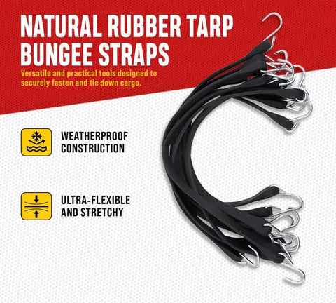Bundle of 21-inch natural rubber tarp bungee straps with S hooks, weatherproof design from Sri Lanka for heavy-duty securing equipment.
