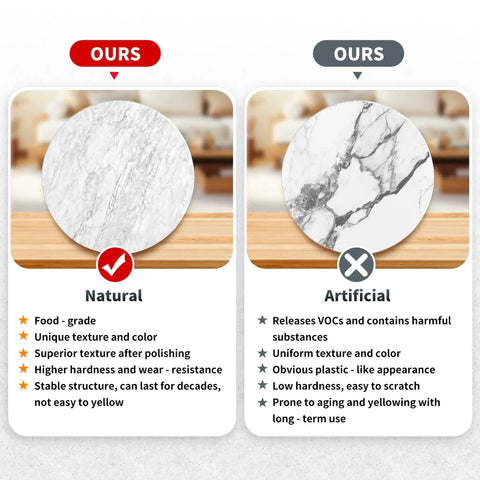 Comparison of natural vs. artificial marble textures for 10 Inch Marble Lazy Susan With Silent Rotation For Countertop Kitchen Organization