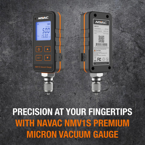 NAVAC NMV1S vacuum gauge, front and back views; black body with orange trim, large backlit display