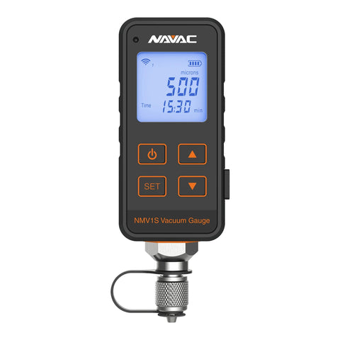 NAVAC NMV1S vacuum gauge for HVAC with large backlit display, black body, orange control buttons