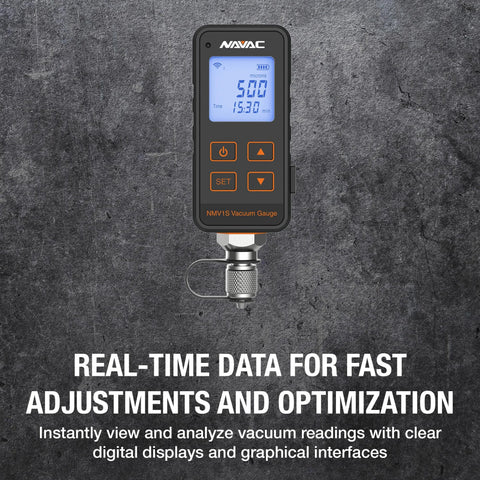 Navac NMV1S vacuum gauge handheld HVAC tool with backlit display and orange control buttons