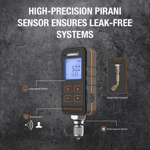 Front view of NAVAC NMV1S vacuum gauge handheld with large blue backlit display and orange trim.