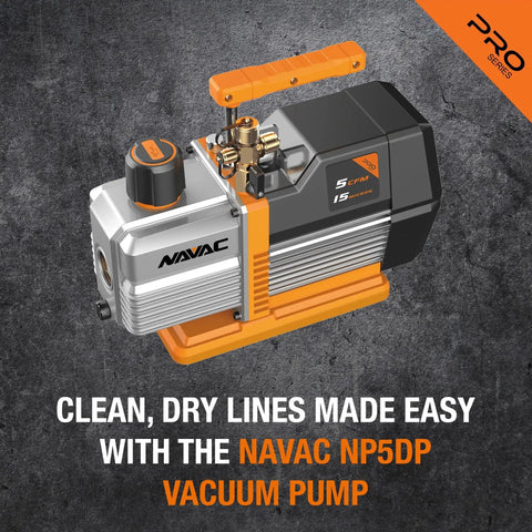 Pro Grade Navac NP5DP HVAC Vacuum Pump With Dual Stage AC Motor, 5 CFM Flow, 15 Microns Vacuum, shown with check valve