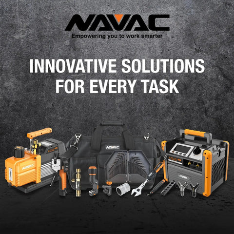 Navac HVAC tools and equipment display with Pro Series 7 CFM Dual Stage Vacuum Pump With Integrated Cylinder And Forced Oil Circulation, 15 Microns Vacuum, Dual Voltage AC Motor, HVAC Kit For Refrigeration Lines, Ideal For Techs On The Job, Navac NP7DP.