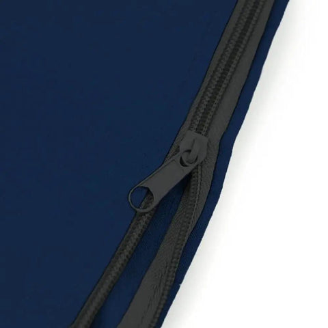 Close-up of navy waterproof outboard motor cover zipper and marine grade polyester material