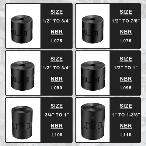 Multiple NBR couplings, sizes 1/2" to 3/4", including 1/2" to 3/4" L075 Flexible 3-Piece L-Jaw Coupling Coupler Set for equipment.