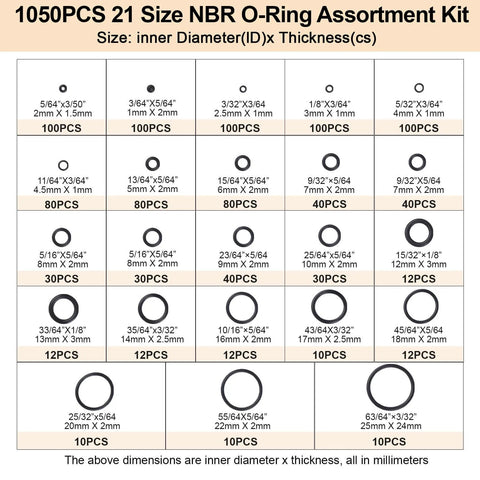 O Ring Kit 1050 Pcs With 21 Sizes Nitrile Rubber Seals for Car Auto Repair Plumbing, showing assorted sizes and quantities.