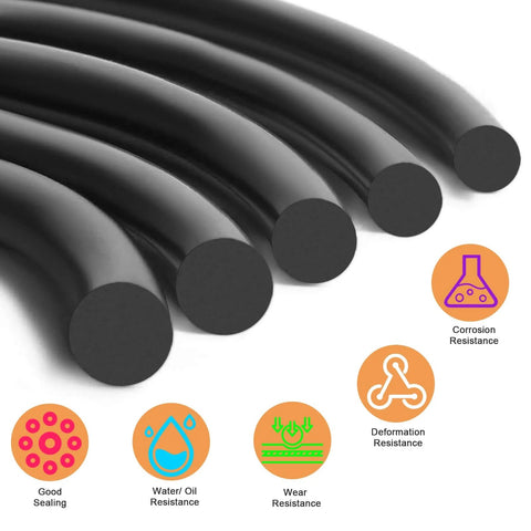 Close-up of rubber cords with icons showing sealing, water resistance, wear resistance, and deformation resistance for DIY Friendly O Ring Kit.