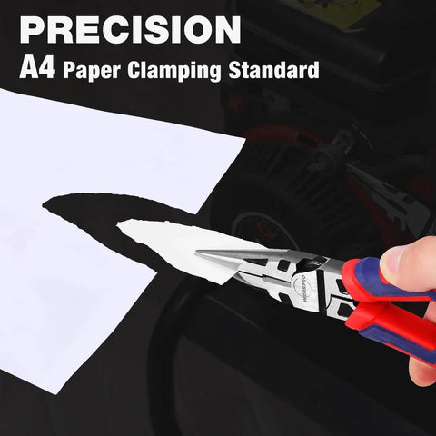 Premium 8 Inch Needle Nose Pliers With Wire Cutter finely cutting paper, showing precision and heavy duty CRV steel construction.