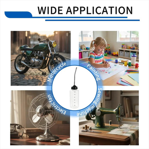 Image showing wide application of Three Pack Needle Oiler With Extra Long 3.5 Inch Stainless Needle Tip And 4 Oz LDPE Oil Applicator including motorcycle, painting, electronics, and sewing machine.