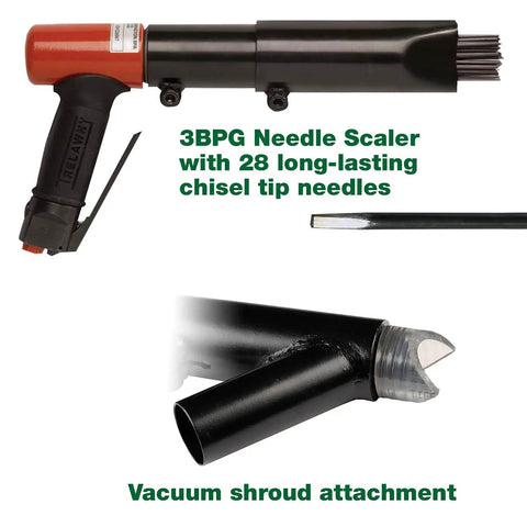 Heavy-Duty Needle Scaler With Vacuum Shroud, Air Powered Pistol Grip, 2200 BPM, 28 Needles, All Steel Internal Construction
