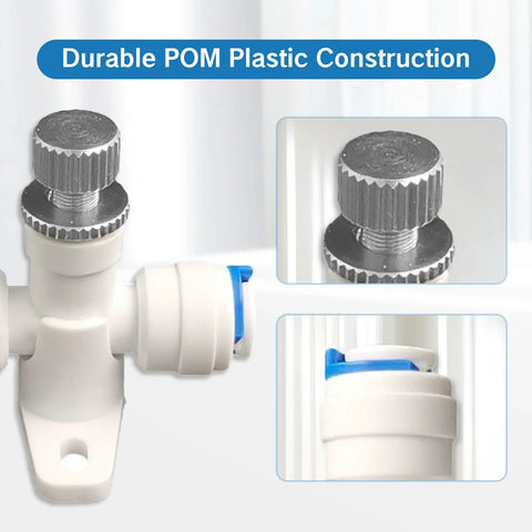 Needle valve 1/4 in water flow regulator for RO system, white POM plastic body with blue adjustment knob.