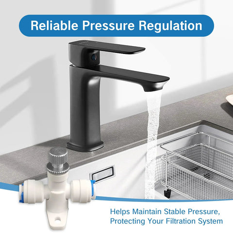 Needle valve flow regulator kit (1/4-in) with white body and blue fittings beside a matte black single-handle faucet