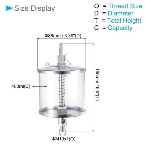 Needle Valve Oil Cup With M10x1 Thread 400ml Capacity Carbon Steel Plated Oil Dispenser for Lathe Machines CNC Tools Size Display
