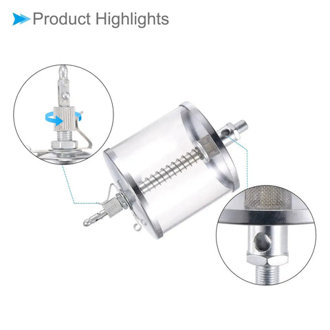 Needle Valve Oil Cup With M10x1 Thread 400ml Capacity Carbon Steel Plated Oil Dispenser shown with detailed parts view