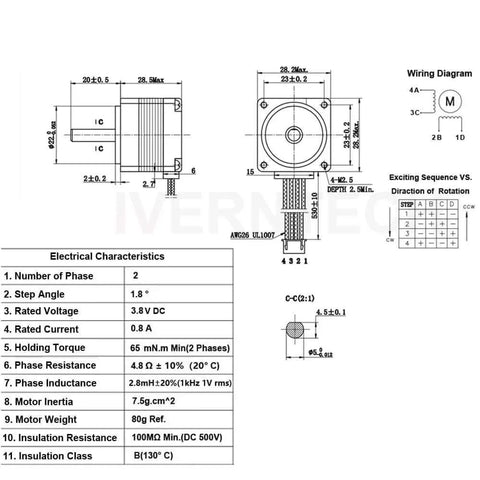 Technical diagram of Nema 11 Stepper Motor 28mm Body 1.8 Stepper Angle 0.8A 2 Phase 4-Lead with 50CM Cable for 3D Printer, CNC Machine