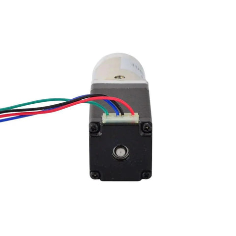 Front view of 100:1 Planetary Gearbox Nema 11 Stepper Motor Low Speed High Torque DIY Camera with visible wiring
