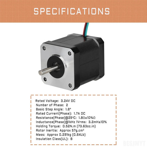 Nema 17 Stepper Motor 3PCS 1.8 Deg Standard Step Angle High Torque 0.52Nm(73.63oz.in) 3D Printer CNC 48MM Bipolar 1.7A 2 Phase