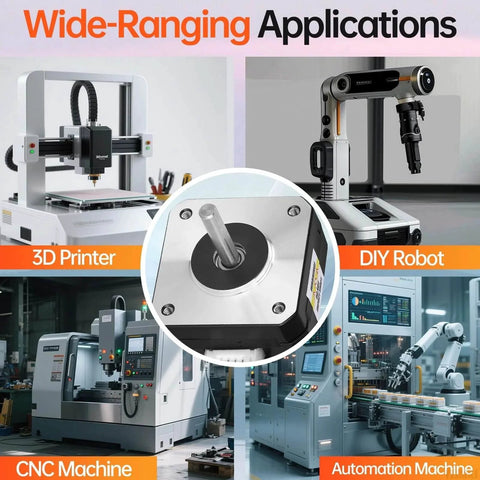 0.9° Nema 17 Stepper Motor 2 Phase High Torque 0.09Nm(12.75oz·in) shown in CNC, 3D printer, DIY robot, automation settings.