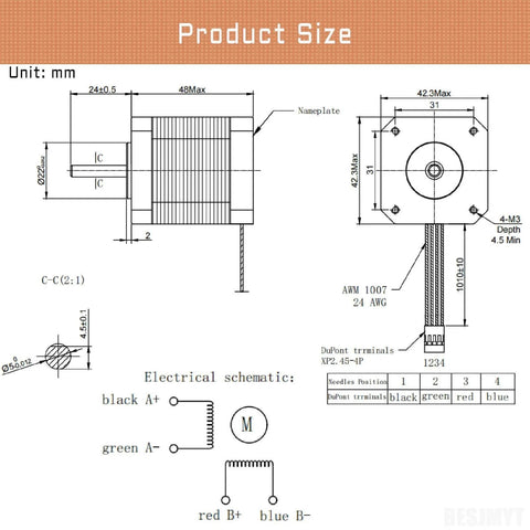 Technical schematic of Nema 17 Stepper Motor 3PCS 1.8 Deg Standard Step Angle High Torque 0.52Nm(73.63oz.in) 3D Printer CNC