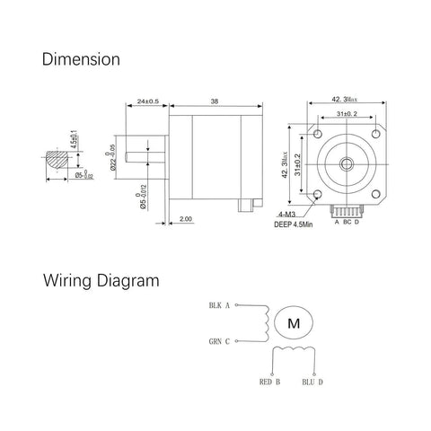 Diagram of 3pcs of Pack Nema 17 Stepper Motor, 17HS4401 2 Phase Step Motor Bipolar 1.5A with wiring and dimensions. 42x42x38mm.